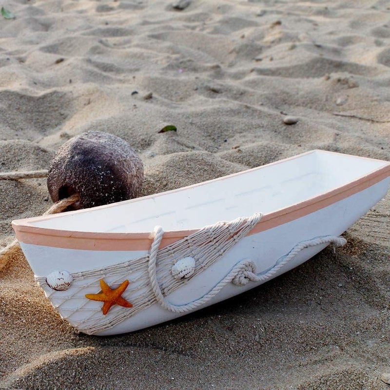 WHY Decor White Wooden Boat Tray Decor Decorative Nautical Boat Ornament Decor Wood Boat Tray Decorations Beach Theme Bathroom Decor Boats Shelf Decor 17 Inch - Image 3